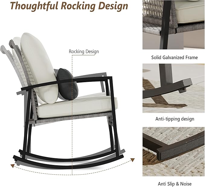 3 Piece Patio Rocking Chairs Set of 2, Outdoor Rocking Chair Bistro Set - Image 4