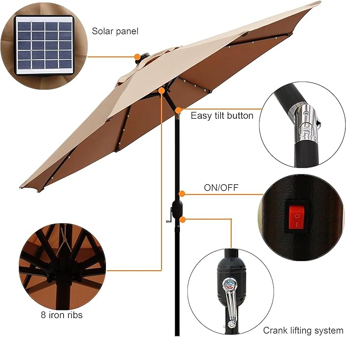 Blissun 9 ft Solar Umbrella, 32 LED Lighted Patio Umbrella, Table Market - Image 2