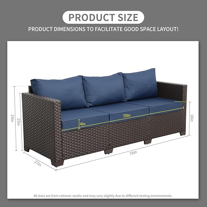 Rattaner 3-Seat Patio Wicker Sofa, Outdoor Rattan Couch Furniture Steel Frame - Image 3