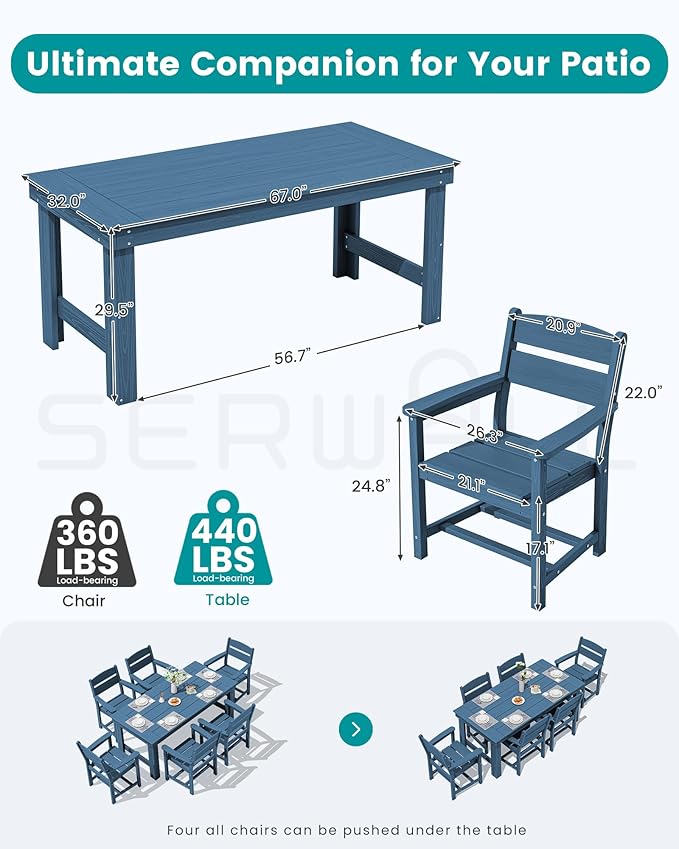 SERWALL Outdoor Dining Table Set, 67‘’ HDPE Patio Dining Set - Image 2
