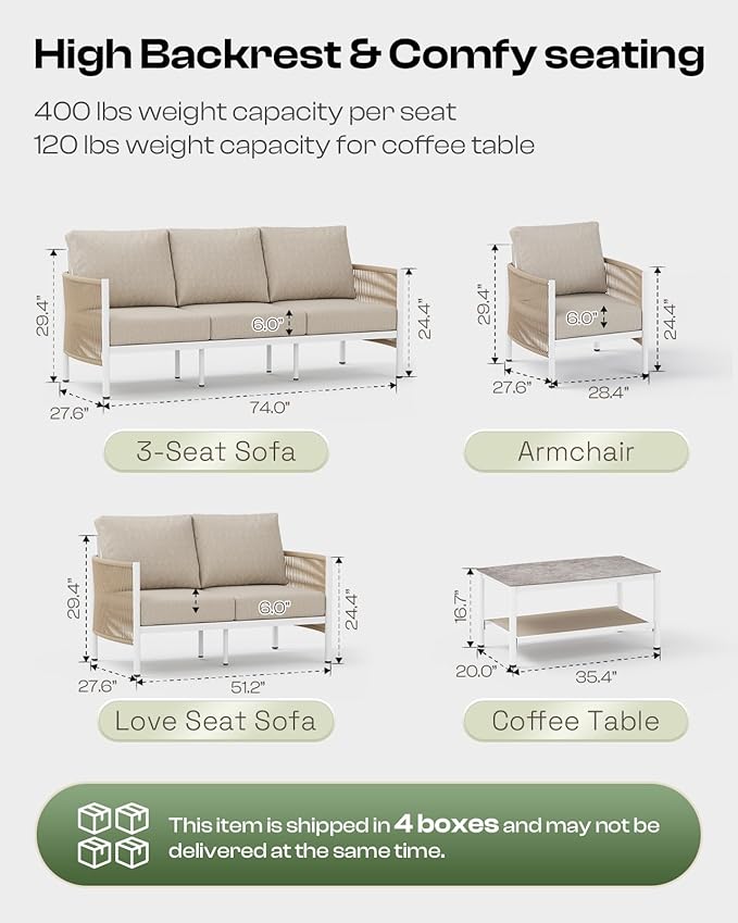 Aluminum Outdoor Sofa Armchair, HDPE Rope Patio Couch - Image 2