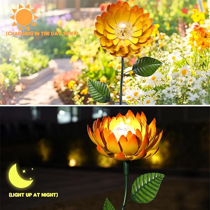 VCUTEKA Solar Garden Lights Metal Flower Decor Colorful Yellow Flowers Solar - Image 8