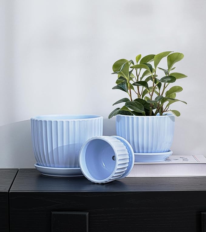 Ton Sin Sky Blue Ceramic Flower Pots, Modern Indoor Decorative Plant Pots Set - Image 7