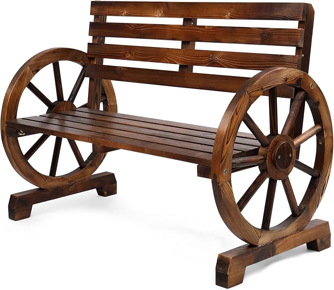 VINGLI Rustic Wooden Wheel Bench Outdoor Bench, Patio Bench Wagon Slatted Seat by VINGLI