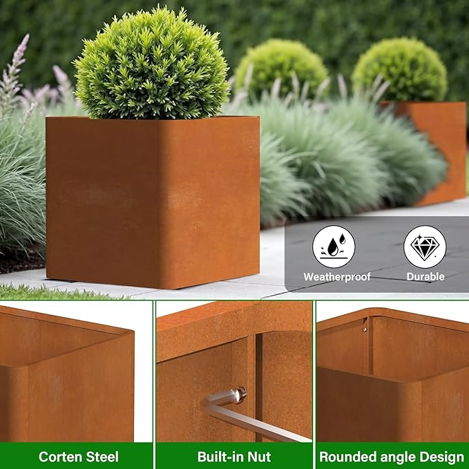 Corten Steel Planter Box 26" L x 26" W x 26" H, Large Metal Square Planter - Image 4