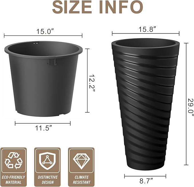 Kante 29 Inch Tall Planter Set of 2, Round Spiral Textured Flower Pots - Image 2