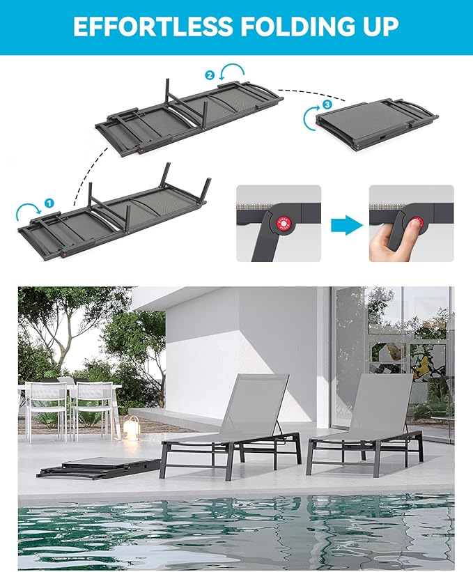 Aluminum Chaise Lounge Chair Outdoor, Foldable Patio Lounge Chair Assemble-Free - Image 3