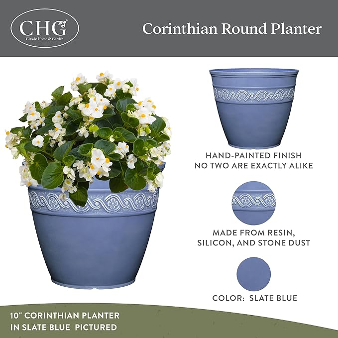 Classic Home and Garden Corinthian Resin Flower Pot Planter, Slate Blue - Image 2