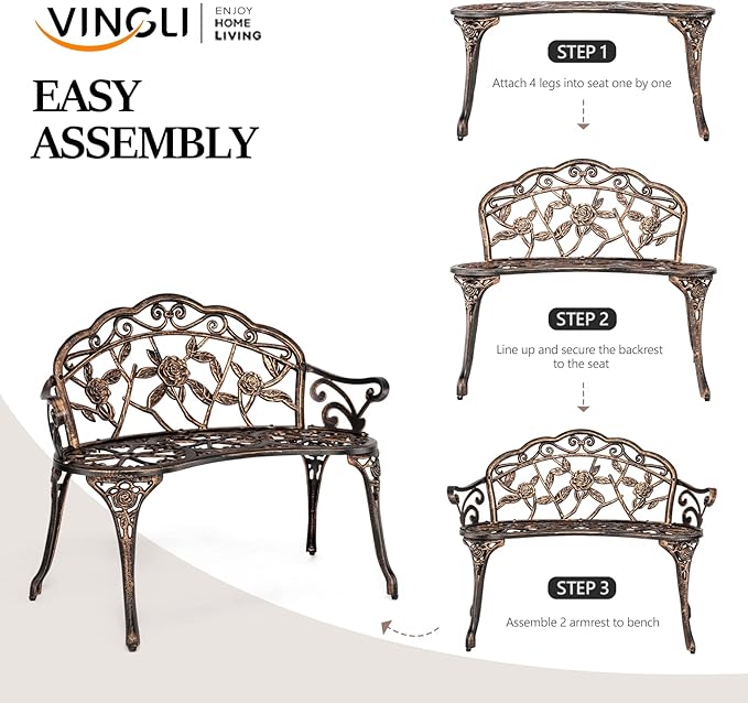 VINGLI 38.5" Patio Park Garden Outdoor Metal Rose Bench, 2-Person Cast Iron - Image 6
