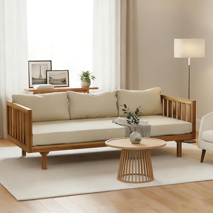 Merax Solid Acacia Wood Couch Chaise Lounge Chair Indoor, 3 Seater Daybed Sofa by Merax