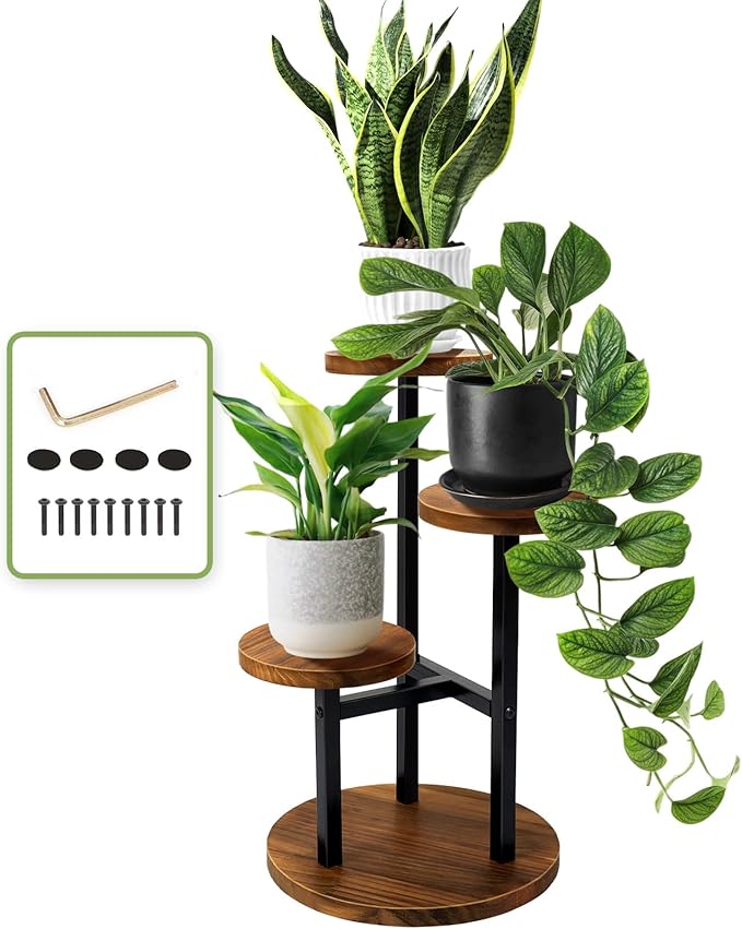 AUGOSTA 3 Tier Plant Stand, Tall Metal Wood Shelf Holder by AUGOSTA