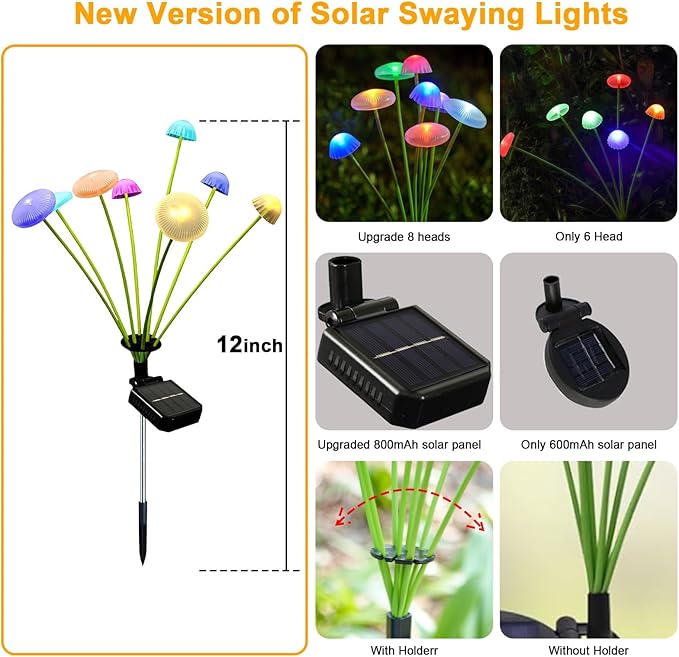 6 Pack Solar Garden Lights, 48 LEDs Swaying Mushroom Lights - Image 2