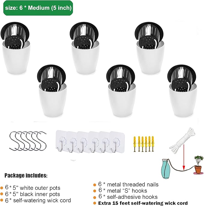 ORIMERC 6 Pack White Self Watering Wall Hanging Planter Pots Vertical Garden - Image 6