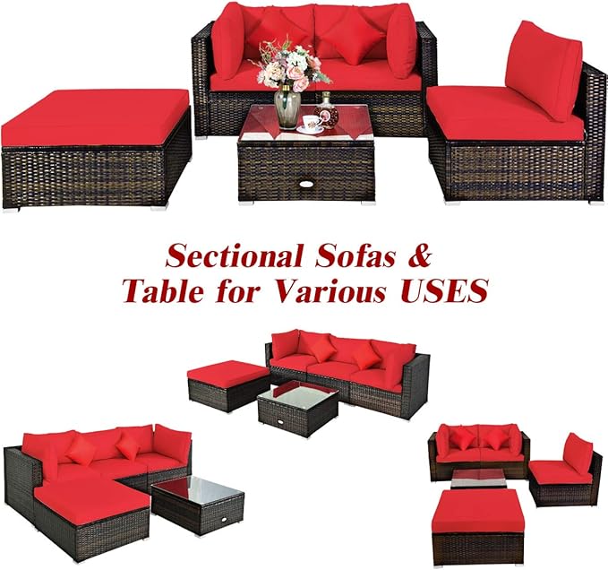 Tangkula 5 Pieces Patio Rattan Furniture Set, Outdoor Sectional Rattan Sofa Set - Image 6