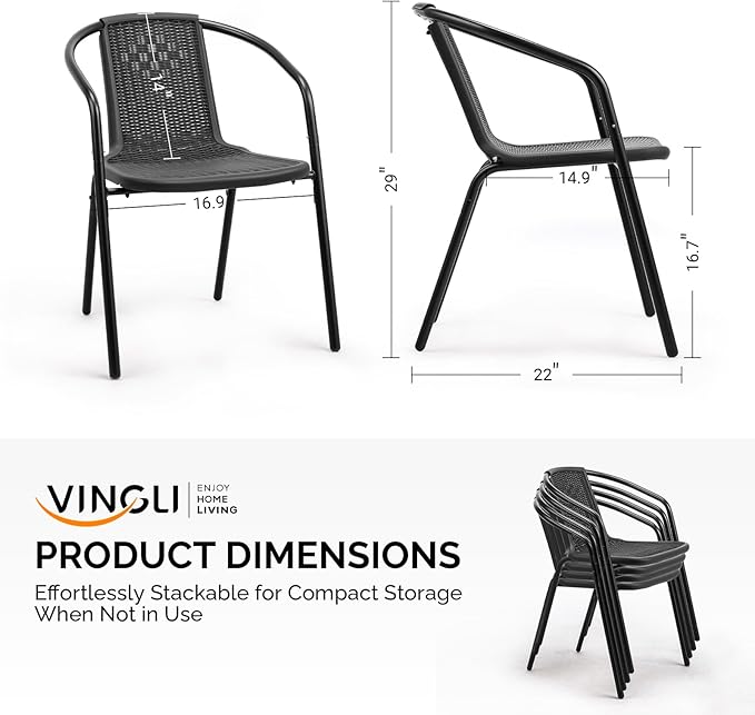VINGLI PE Rattan Outdoor Dining Chairs Set of 4, Plastic Stackable Patio Chairs - Image 3