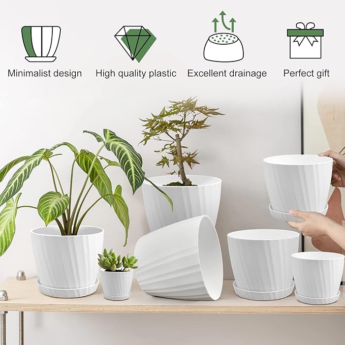7 pcs Plant Pots with Drainage Holes and Saucers, Indoor Planters - Image 6