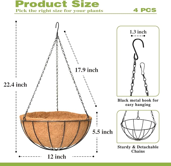 4 Pack 12 Inch Hanging Baskets for Plants Outdoor Metal Hanging Planter Hanging - Image 4
