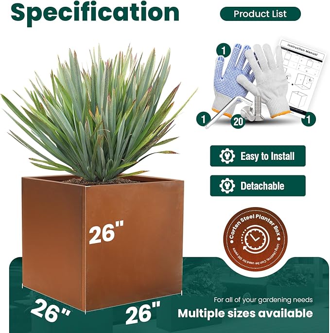 Corten Steel Planter Box Metal Square Planters 26 Inch Steel Large Outdoor - Image 2