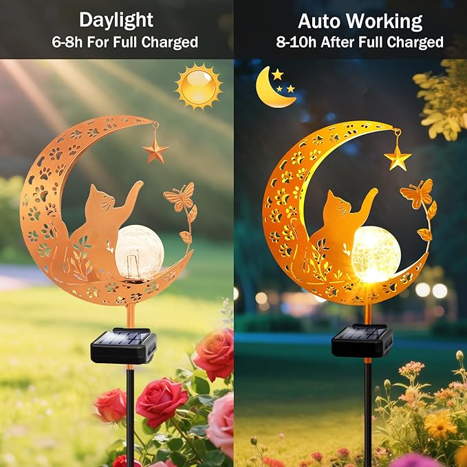 YJFWAL Garden Solar Cat Lights Pathway Stake Lights Glass Globe - Image 3