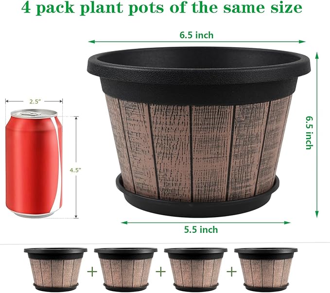 Quarut 4 Pack 8 inch Plant Pot, Upgrade Whiskey Barrel Planters - Image 2