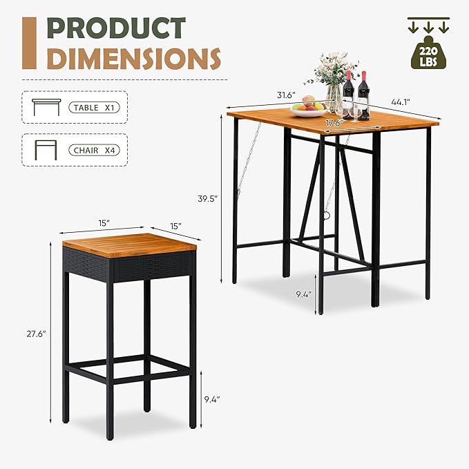 Devoko Patio Bar Set 5 Pieces Acacia Wood Patio High Top Bar Table and Stools - Image 7