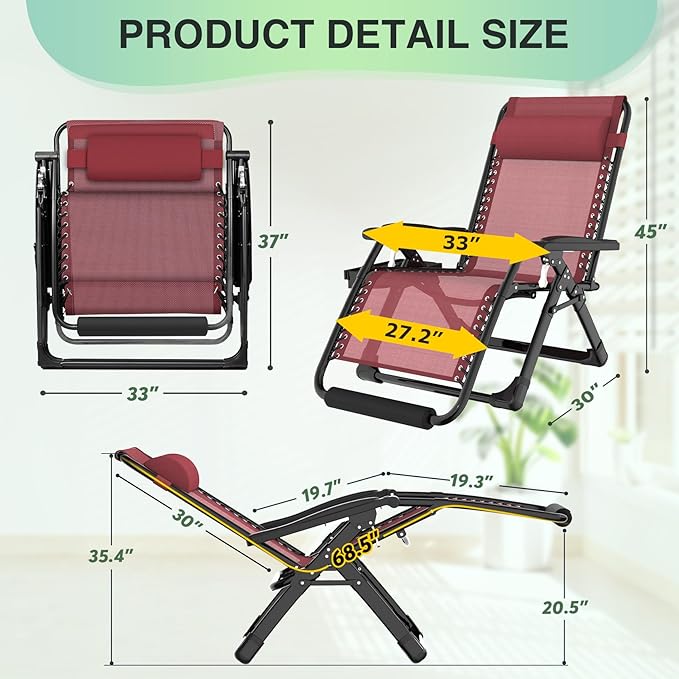 Suteck Oversized Zero Gravity Chair, 33In XXL Outdoor Recliner Chair - Image 2