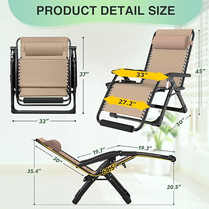 Suteck Oversized Zero Gravity Chair, 33In XXL Outdoor Recliner Chair - Image 2