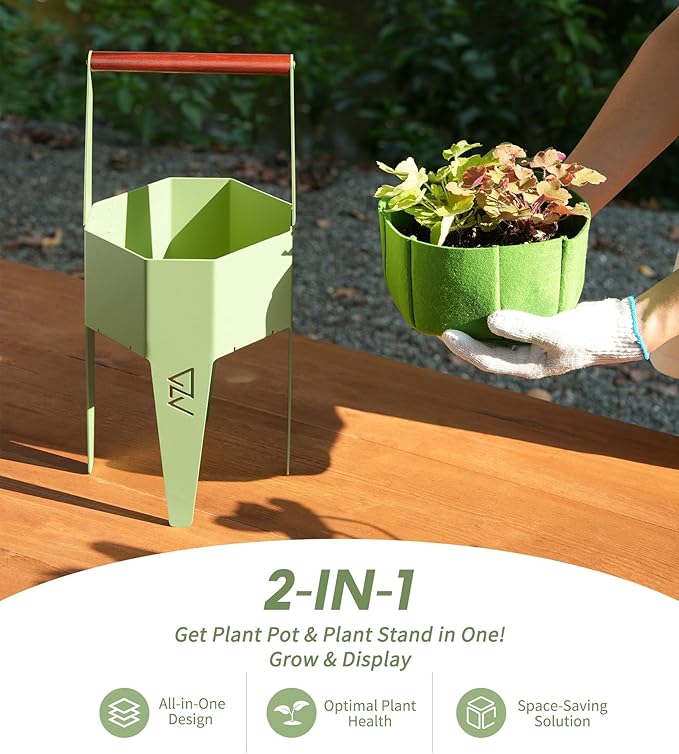 Planter with Stand, Metal 2 in 1 Portable Planter with Grow Bags & Handle - Image 2