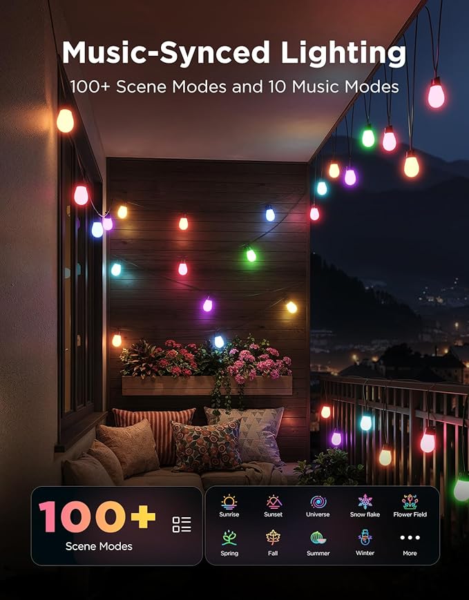Govee S14 Bulb Outdoor String Lights 2, 96ft Smart RGBIC Warm White Patio Lights - Image 9