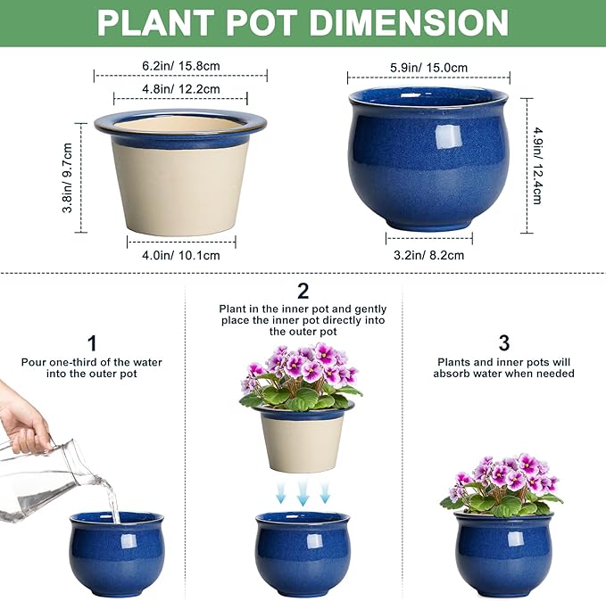 6 Inch Self Watering Pots, Ceramic African Violet Planter - Image 2