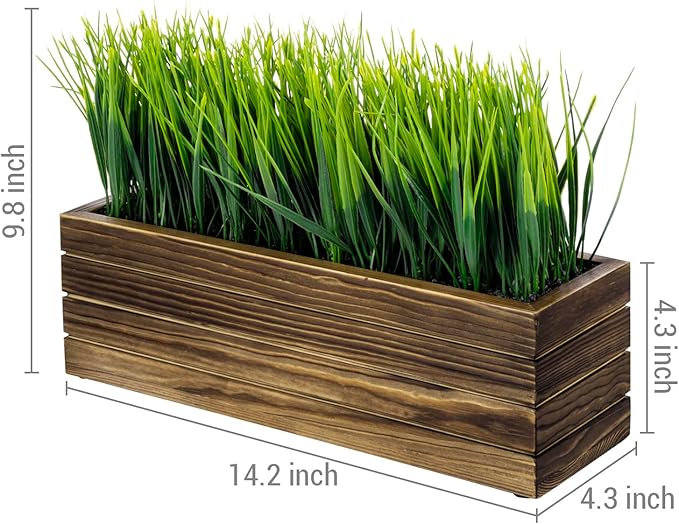 MyGift 14 Inch Artificial Green Grass Plant in Rustic Burnt Solid Wood - Image 5