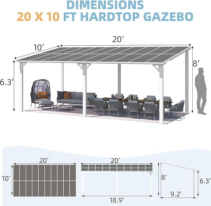 AECOJOY 20' x 10' White Gazebo Outdoor Pergola - Image 7