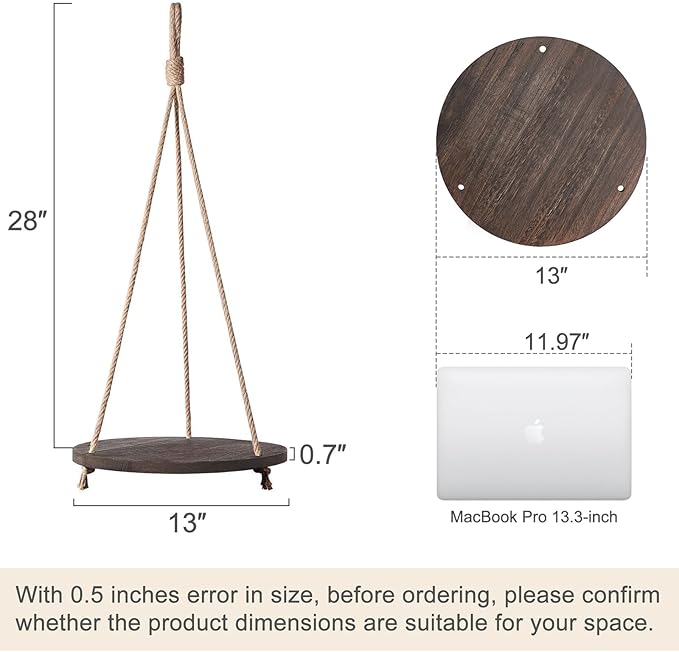 Dahey Hanging Plant Shelf Round Wood Rope Hanging Floating Shelf Vintage Home - Image 3
