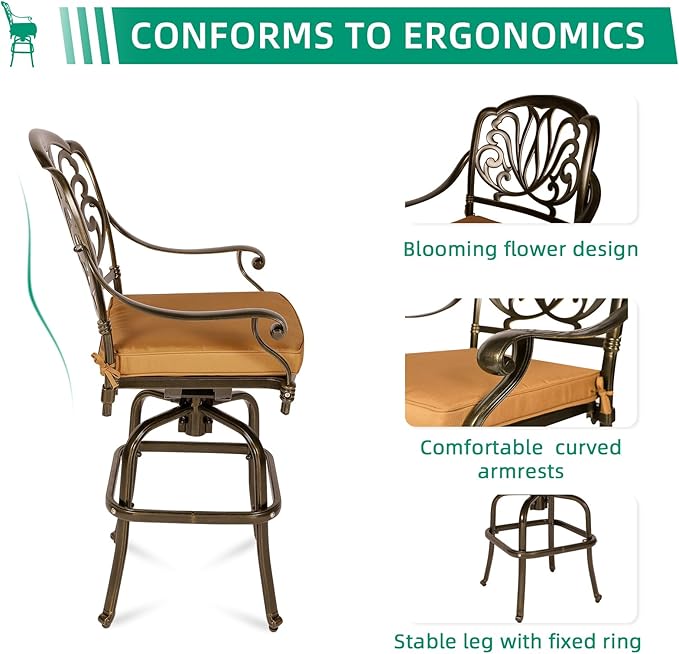 VIVIJASON 3-Piece Patio Swivel Bar Stools Set, All Weather Cast Aluminum - Image 3