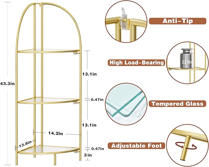 Crofy Foldable 3 Tier Corner Shelf, Metal Corner Plant Stand - Image 3