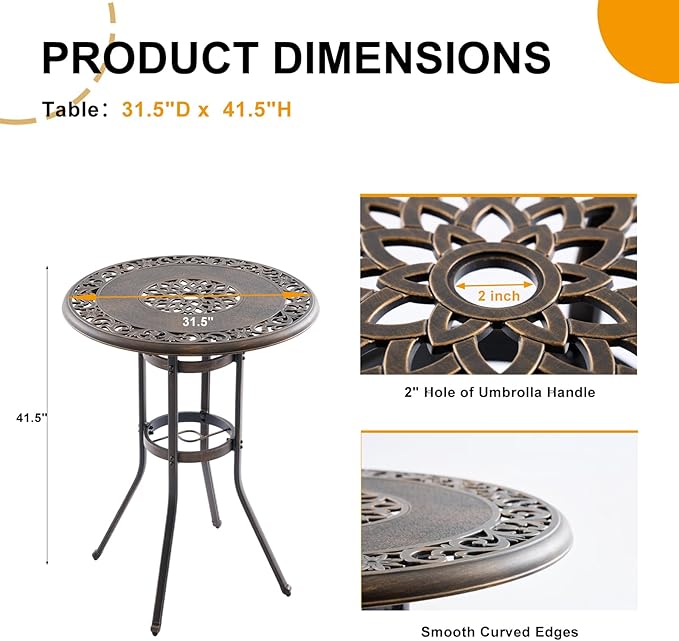 Outdoor Bar Height Table, 31.5" Round Cast Aluminum Patio Pub Table - Image 3