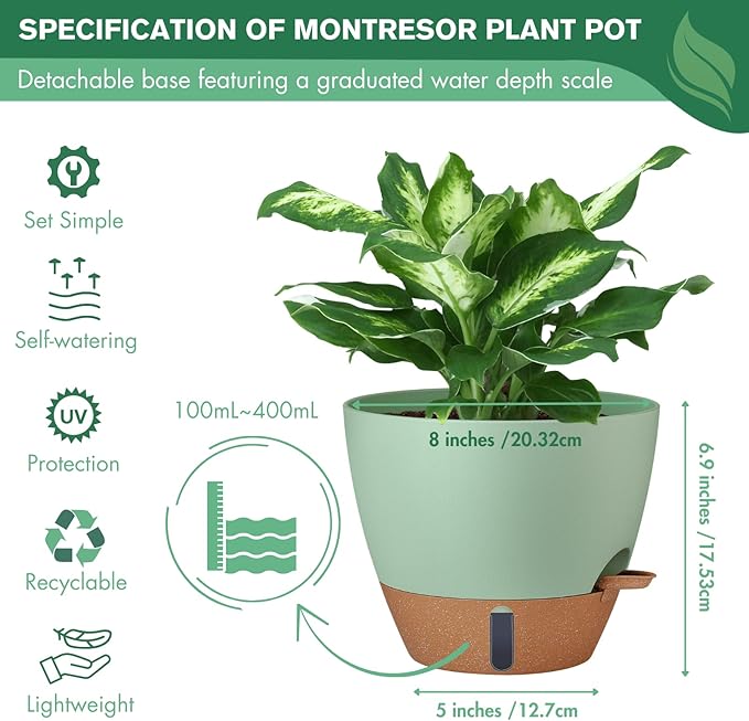 montresor 2 Pack 8 inch Plant Pots, PP Plastic Self Watering Plant Pot - Image 4