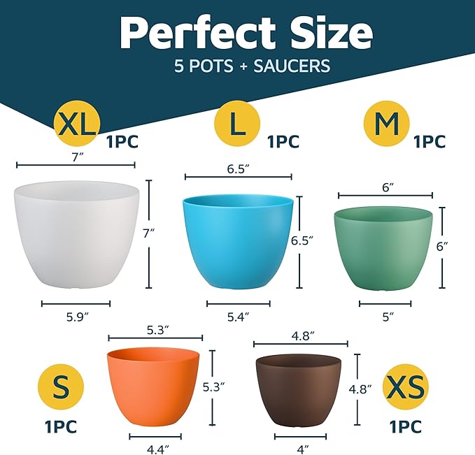 Multicolor Plant Pots with Drainage Holes & Saucers 5 Pack, Indoor & Outdoor - Image 2