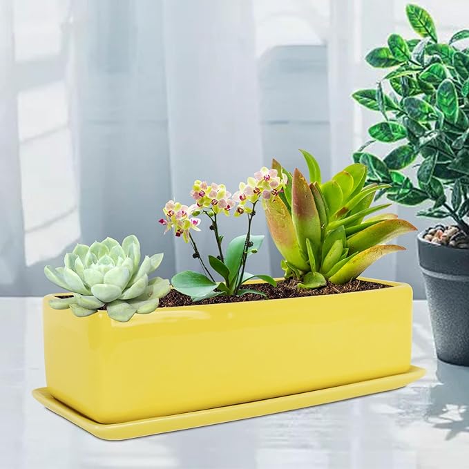 Vencer 14 Inch Rectangular Modern Minimalist Ceramic Succulent Planter Pot - Image 6