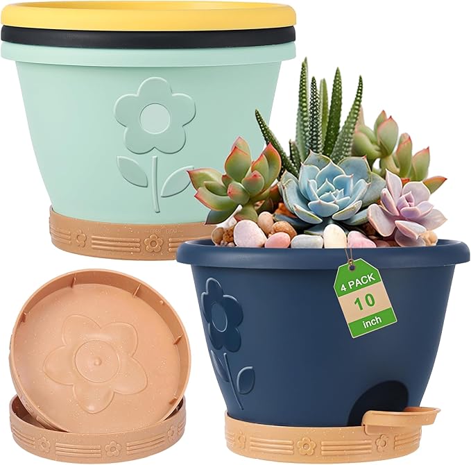 Plastic Plant Pots 10 Inch Set of 4, Self Watering Pots by gegemaoyi