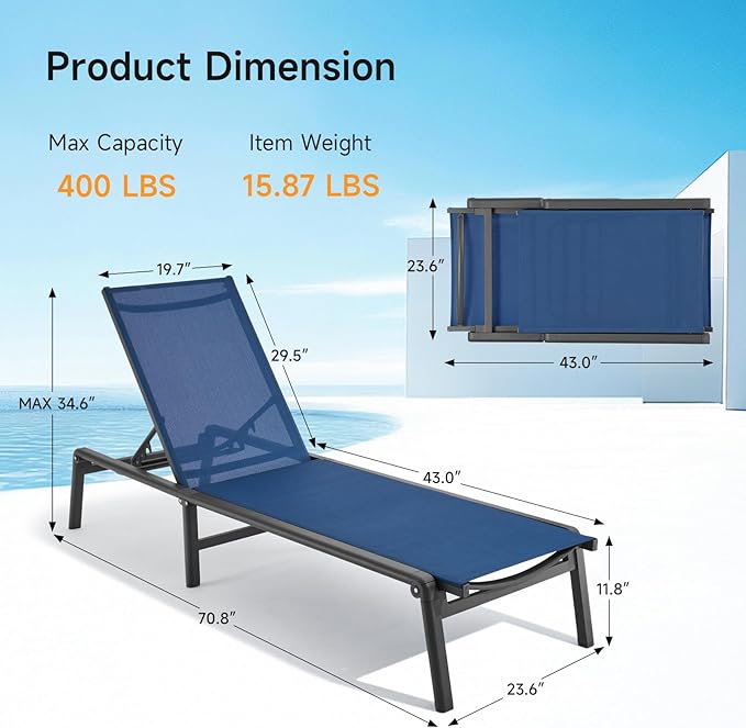 Aluminum Chaise Lounge Chair Outdoor, Foldable & Assembly Free Outdoor Lounge - Image 3