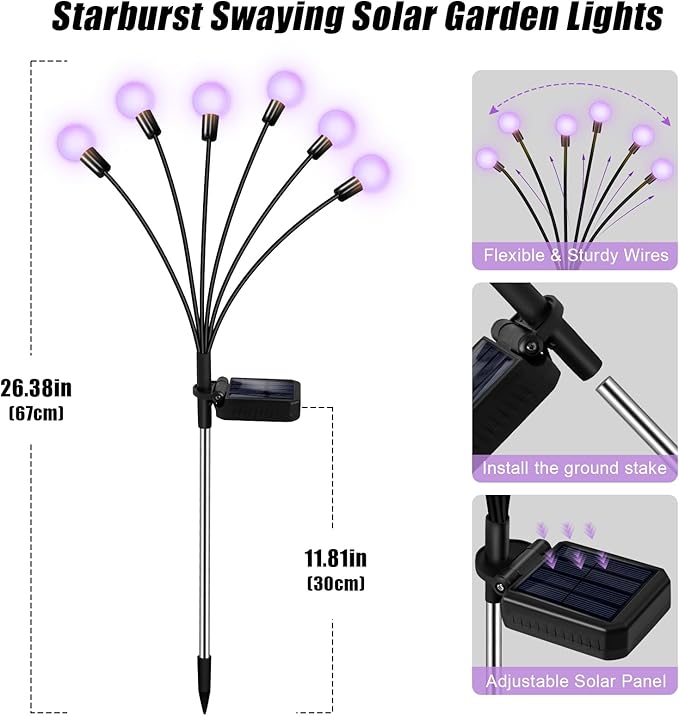 Solar Garden Lights Outdoor, 4 Pack Firefly Swaying Lights Purple, Waterproof 4 - Image 6