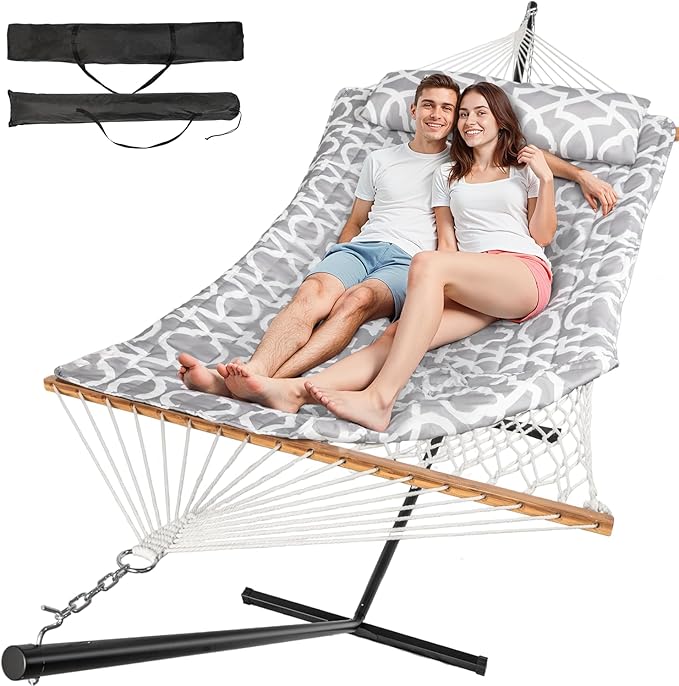 2 Person Outdoor Hammock with Stand, Cotton Rope Hammock with Polyester Pad by Unknown