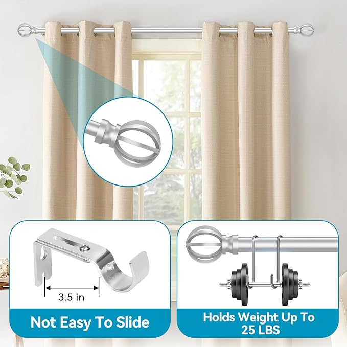 Silver Curtain Rods for Windows 28 to 48 Inch, 5/8" Diameter Heavy Duty Metal - Image 2