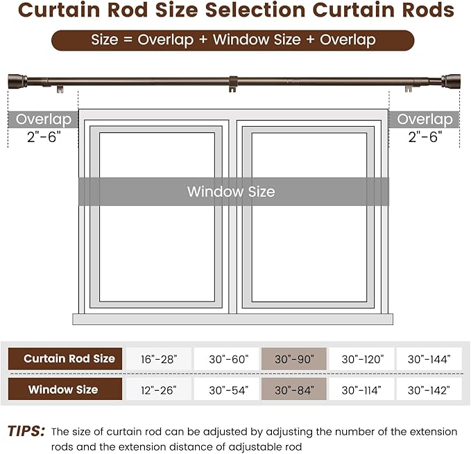 2 PACK 1” Diameter brown curtain rod Itself is 30 to 90 inch. 1 Pack Fits 30-84 - Image 3