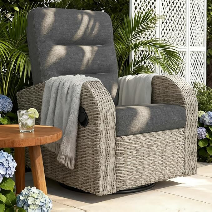 Outdoor Swivel Recliner Chair, All-Weather Wicker Reclining Patio Chair by Vakollia