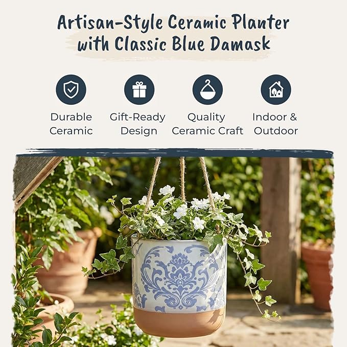 Blue Sky Clayworks 5" Hanging Chantel Blue Planter, Soft Blue Damask & Clay Foot - Image 7