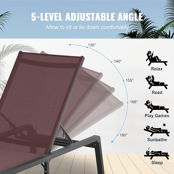 VEVOR 2 Pcs Chaise Lounge Chairs Outdoor, Aluminum Patio Lounge Chair - Image 8