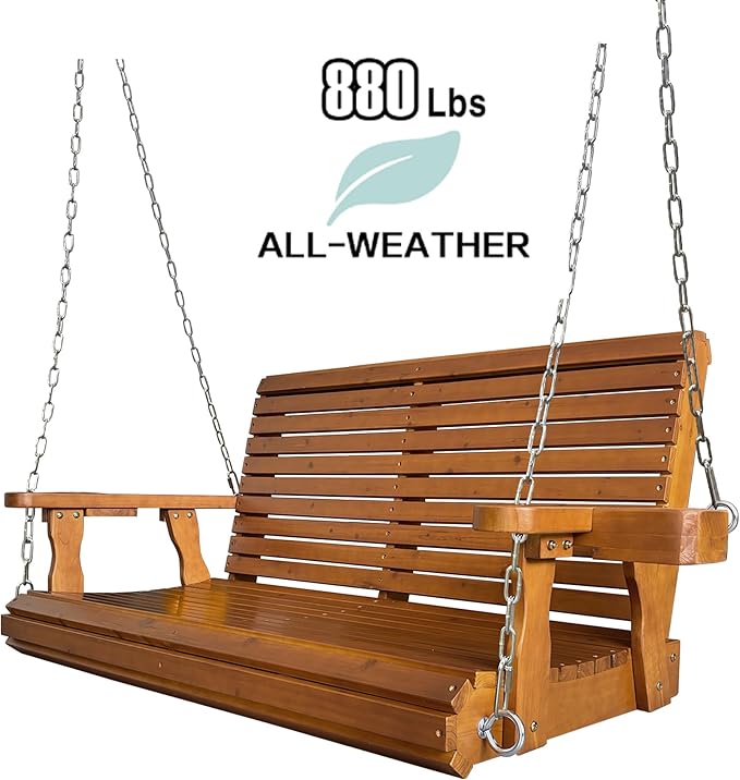 Wooden Porch Swing 2-Seater, High Backrest and Deep Seat, Bench Swing - Image 4