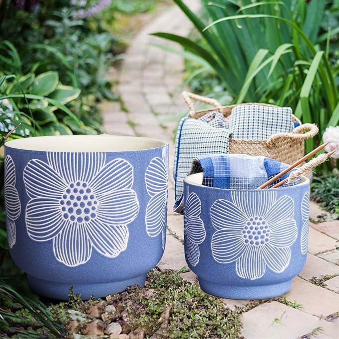 YBX 8 Inch + 6 Inch White Flower Pattern Plant Pots, Sand Glazed Ceramic Planter - Image 6